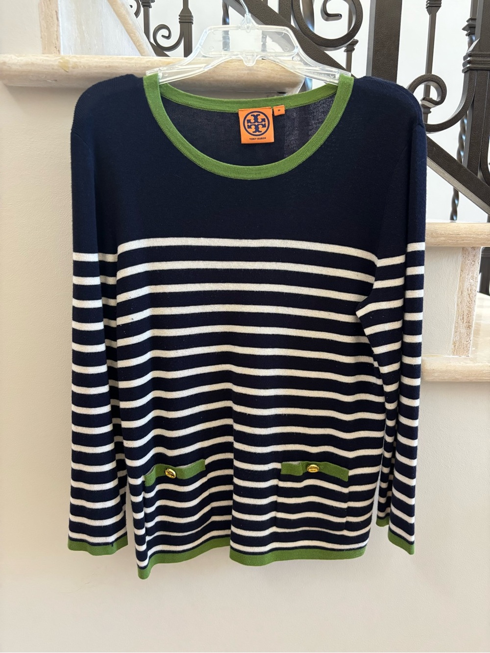 Tory Burch Navy & White Striped Long-Sleeve Crewneck with Green Trim